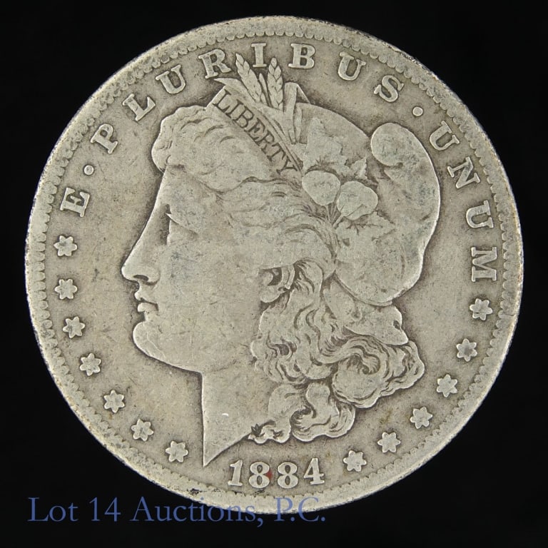 1884-S US Silver Morgan Dollar (Better Date!): 1884-S United States silver Morgan dollar (San Francisco Mint). Designer is George T. Morgan. Per consigner, better date and rarely found. Metal is 90% silver and weighs 26.73 grams. Mintage is 3,200,