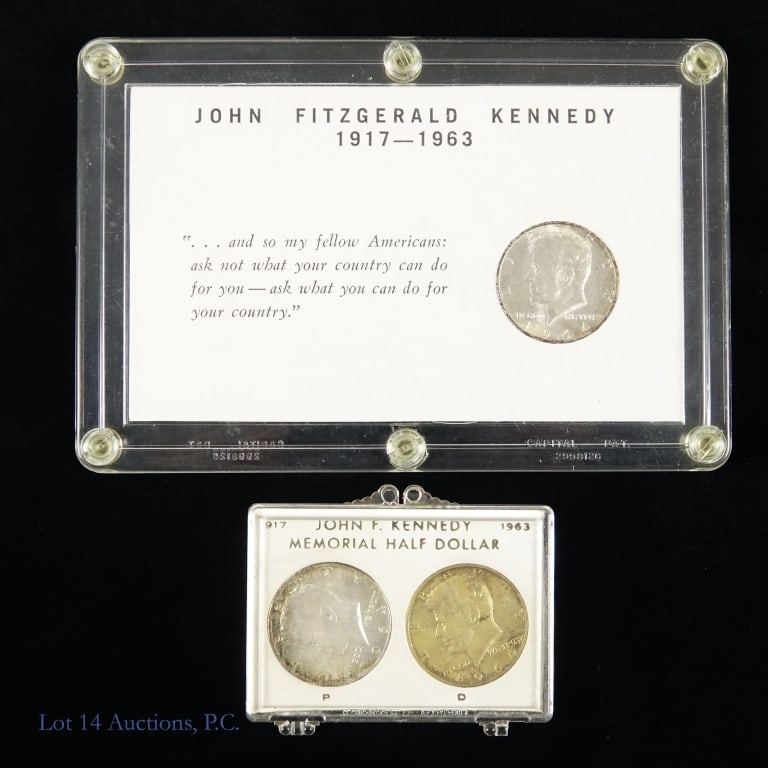 1964 US 90%-Silver Kennedy 50c (ASW 1 Ozt), 3: Three (3) 1964 United States silver Kennedy half dollars in memorial sets. Metal is 90%-silver and weighs 12.5 grams each. Lot's estimated ASW is 1 troy ounce. Content confirmed on Lot 14 Auctions ele