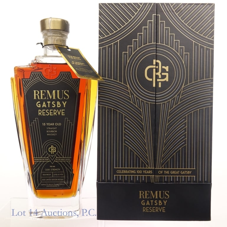 Remus 100 Years of The Great Gatsby 15 Yr Bourbon: Remus 15 Year Gatsby Reserve Bourbon (2025), limited edition celebrating 100 years since the publication of the F. Scott Fitzgerald book The Great Gatsby. 97.8 Proof, 750 ml, Original case included
