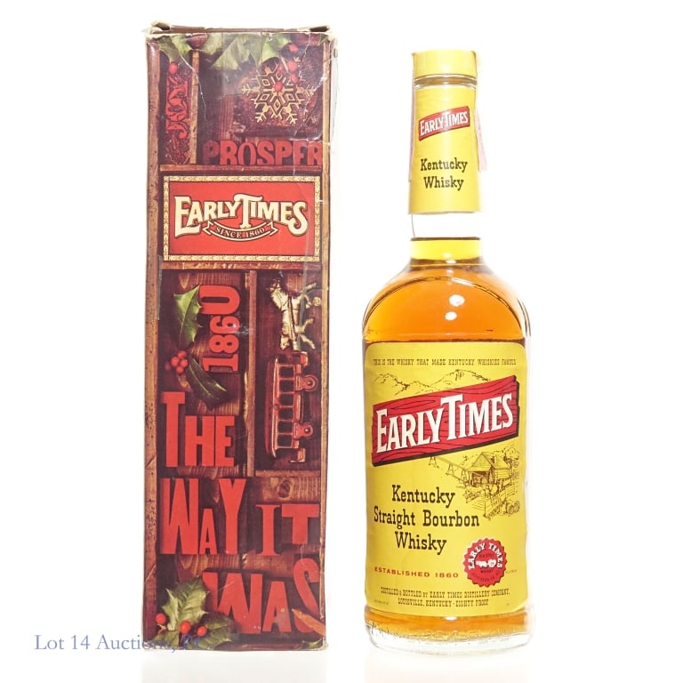 80s Early Times 4 Year Bourbon In Box: 80s Early Times 4 Years Old Bourbon. 750 ml, 80 Proof. Tax strip fully intact. Original box is included but in below average condition.