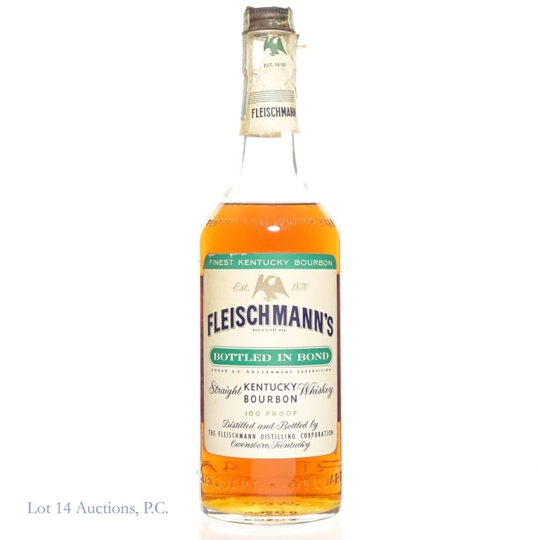 1960 Fleischmann's Bottled-In Bond Bourbon: 1960 Fleischmann's Bottled - In - Bond Bourbon. 4/5 Quart, 100 Proof. Tax strip shows wear but is fully intact. Cello wrap badly damaged. Very good condition otherwise.