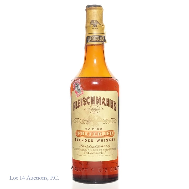 "49" Fleischmann's Preferred Blended Whiskey: Fleischmann's Preferred Blended Whiskey. 49 bottles mold. 40s/50s Series 111 tax strip shows minor damage but is intact. Cello wrap split but present. 4/5 Quart, 90 Proof.
