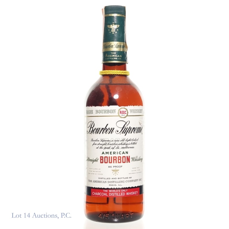60s/70s ADC Bourbon Supreme Rare Bourbon: 60s/70s ADC Bourbon Supreme Rare Bourbon. 4/5 Quart, 86 Proof. Tax strip fully intact. Small damage to the front label. Good overall condition.