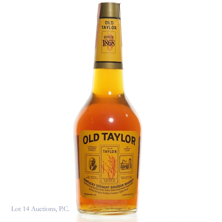 60s/70s Old Taylor Bourbon: 60s/70s Old Taylor Bourbon. 4/5 Quart, 80 proof. Tax strip fully intact. Very good overall condition.