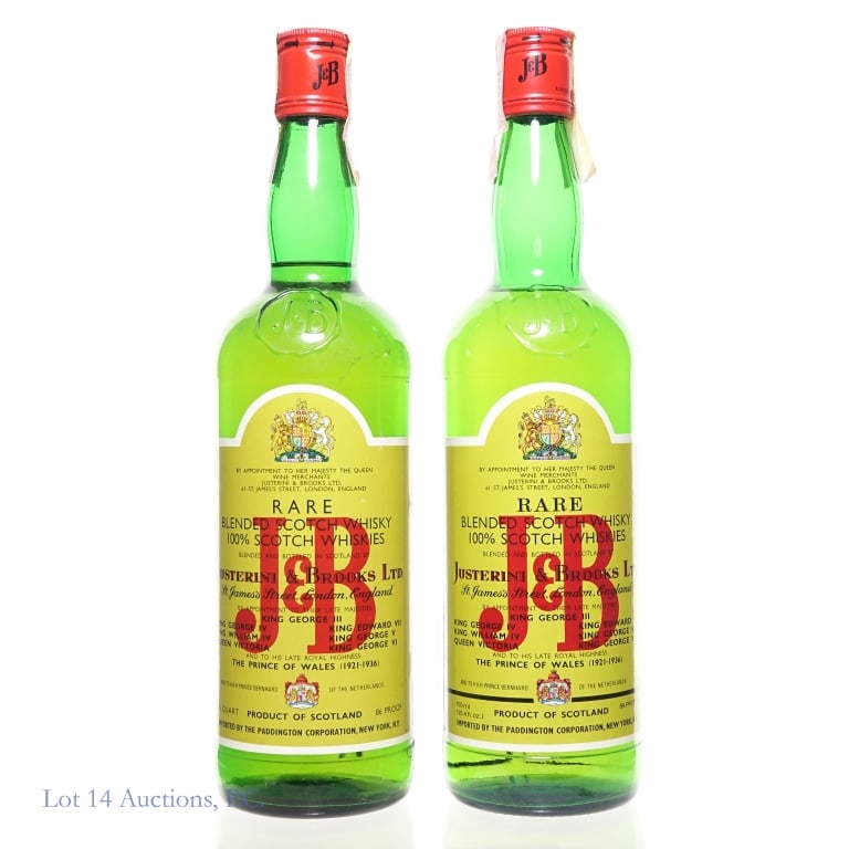J & B Scotch Whisky - 1970s/80s (2): Two (2) bottles: J & B rare blended Scotch whiskies. 86 proof One bottle is 4/5 quart with a Series 112 (Internal Revenue) tax strip. The other bottle is 750 ml (25.4 fl.oz.) with a Series 112 (ATF)