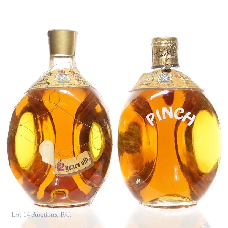 Haig & Haig Pinch Scotch Whisky (2): Two (2) bottles: Haig & Haig Pinch old blended Scotch whisky. Both bottles aew 4/5 quart. One bottle is 86.8 proof with a spring cap. The other bottle is 86 proof and has a series 112 (Internal