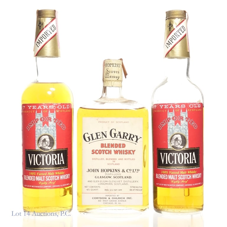 60s/70s Glen Garry & Victoria Blended Scotch (1+2): 60s/70s Glen Garry Blended Scotch Whisky. 4/5 Quart, 86.8 Proof. Tax strip partially torn on one side and mostly intact on the other. Capsule fully intact. *** Two (2) bottles 60s/70s Victoria