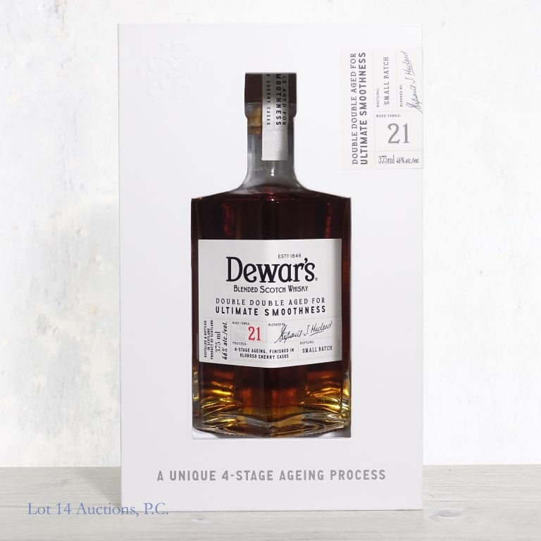 Dewar's 21 Year Ruby Marsala Double Double Scotch: Dewar's 21 Year Ruby Marsala Double Double Aged Scotch. Four (4) Stage ageing . 375ml, 46%abv. Small Batch bottling. With case.