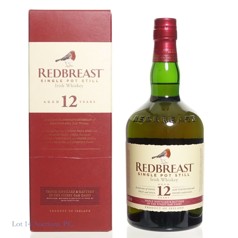Redbreast 12 Year Single Pot Still Irish Whiskey: Redbreast 12 Year Single Pot Still Irish Whiskey, 80 proof, 750ml, with box.