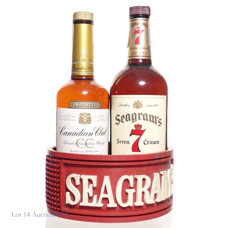 Vintage USA / CAN Whiskys & Seagram's Bar Mat: Two bottles of Canadian whisky, both from the 1980s, and a rubber bar mat from Seagram's with the Seven Crown logo. The bar mat measures approximately 24 x 3.5". The first bottle is also Seagram's Sev
