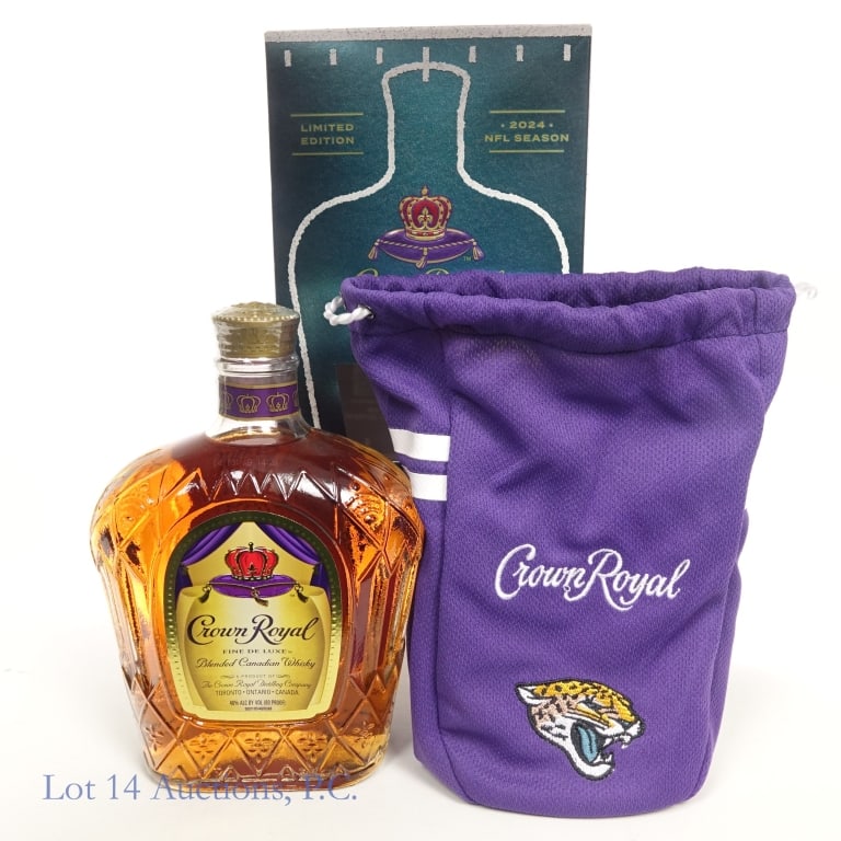 Crown Royal NFL Jacksonville Jaguars LE Whisky: Crown Royal Fine De Luxe Blended Canadian Whisky. 80 Proof, 750ml. Limited Edition 2024 NFL Jacksonville Jaguars. Original NFL and Jacksonville Jaguars branded green box and drawstring bag with embroi