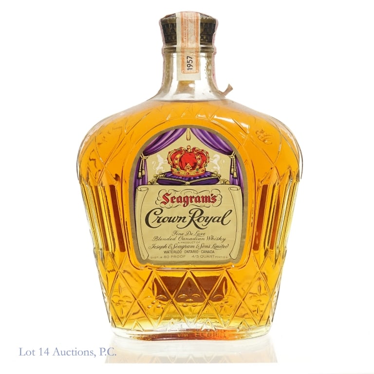1957 Seagram's Crown Royal Canadian Whisky: 1957 Seagram's Crown Royal Canadian Whisky. 4/5 Quart, 80 Proof. Bag and box not included. Canadian and US tax strips fully intact.