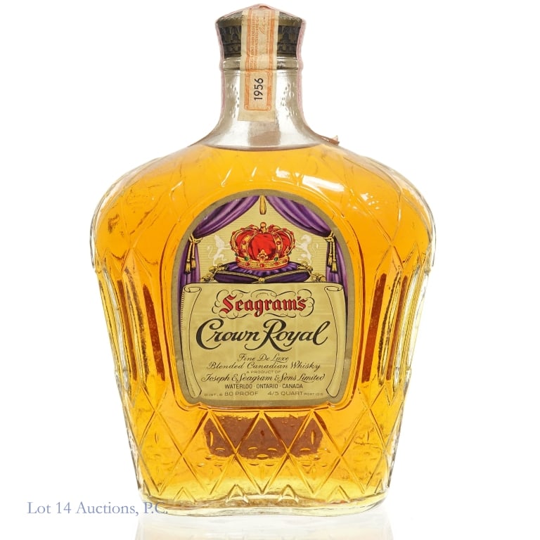 1956 Seagram's Crown Royal Canadian Whisky: 1956 Seagram's Crown Royal Canadian Whisky. 4/5 Quart, 80 Proof. Bag and box not included. Canadian and US tax strips fully intact.