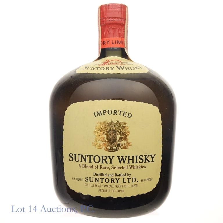 60s/70s Suntory Blended Japanese Whisky: 1960s/1970s Suntory blended Japanese whisky. 4/5 Quart, 86.8 Proof. Series 112 tax strip fully intact.