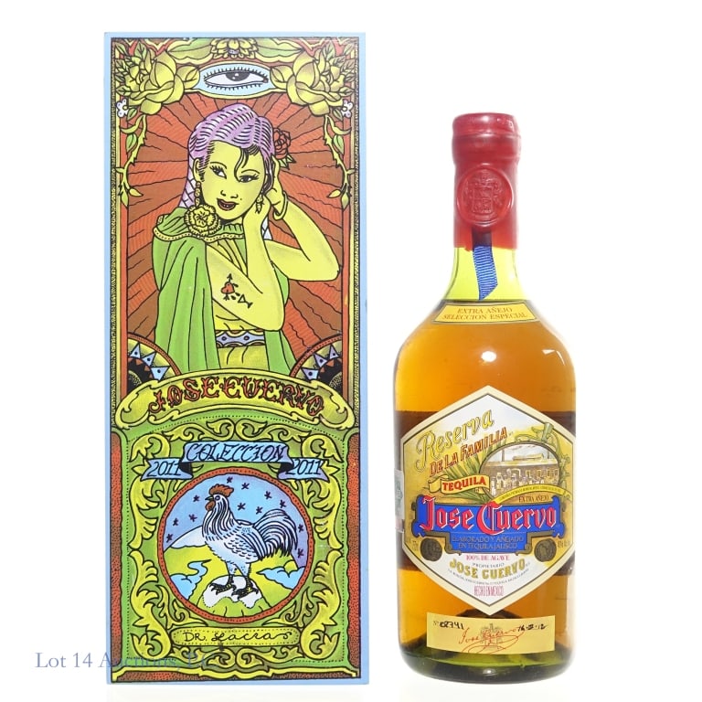 Jose Cuervo Reserva De La Familia Anejo 2011: 2011 Jose Cuervo Reserva De La Familia Anejo Tequila, 80Proof, 750ml, No 02741, 16/IV/12. Original wooden decorative box with the artwork by Dr. Lakra. Info card and folder with stickers included.