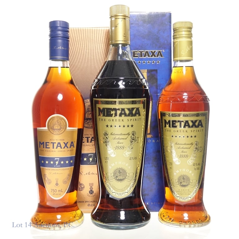Metaxa Greek Liqueur Amphora & 7 Stars (2+1): Metaxa Amphora 1L in box and 750 ml without the box. *** Metaxa 7 Stars 750 ml in box. All 3 bottles are 80 Proof.