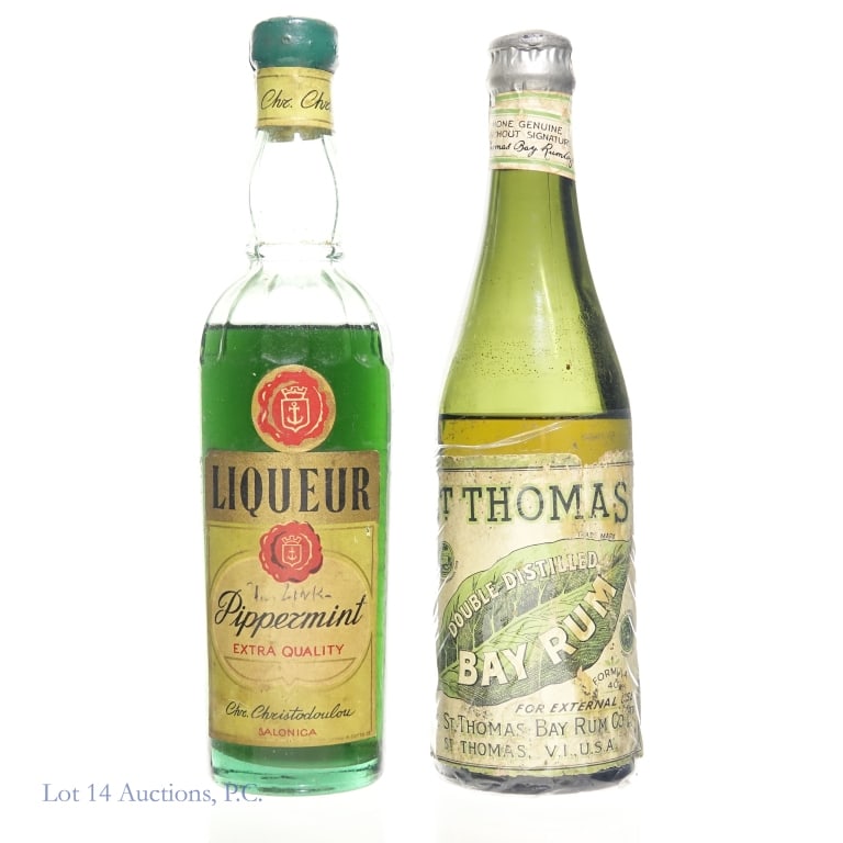1930s (?) St. Thomas Bay Rum & Pippermint Liqueur: St. Thomas Double Distilled Bay Rum Formula 40. For External Use. Volume and alcohol content not listed. Bottle is approximately 9" tall and 2.5" diameter. Just below shoulder fill. Bottle is whapped 