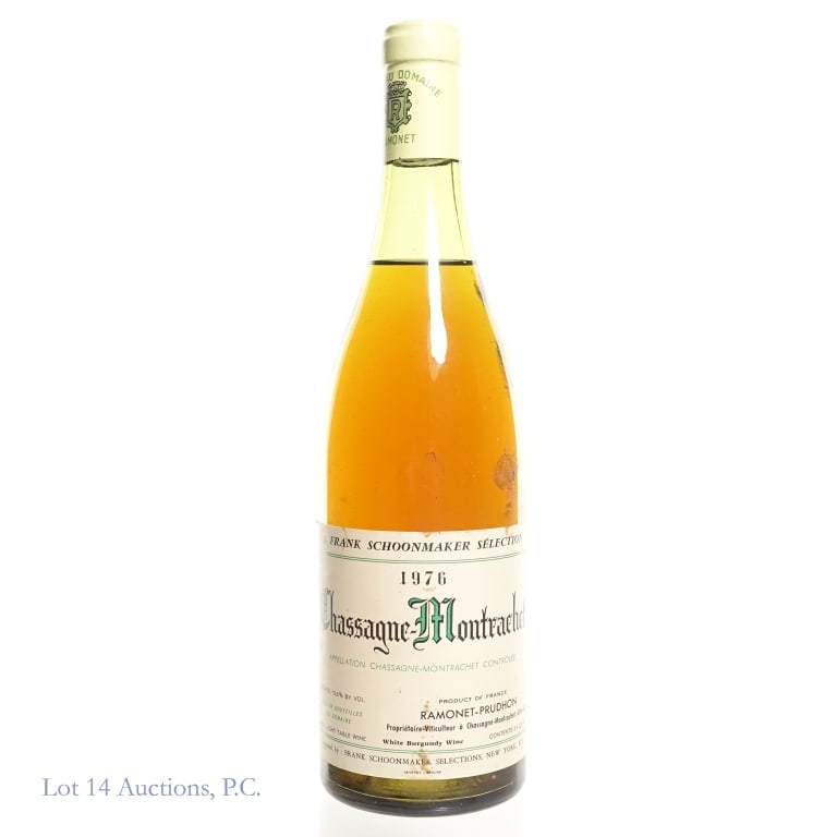 1976 Ramonet-Prudhon Chassagne-Montachet: 1976 Ramonet-Prudhon Chassagne-Montachet Chardonnay. A Frank Schoonmaker Selection. 3/4 Quart, 13.5% ABV. Some staining and minor damage on the corner of the label. See photos for details. Consigned b