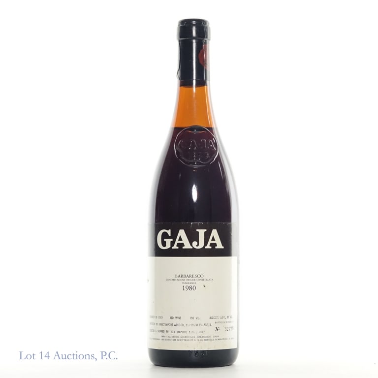 1980 Gaja Barbaresco, Piedmont, Italy: 1980 Gaja Barbaresco. Research indicates Nebbiolo varietal, Piedmont, Italy. Bottle # 43138, 750ml., 13.5%abv. Please see photos for label and capsule condition. Small nick in label. Fill is at top of