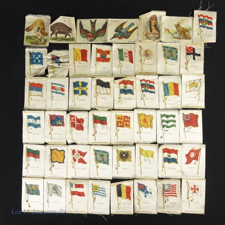 Egyptienne Straights Cigarettes Silk Flags (40): Assortment of 40 silks from Egyptienne Cigarettes featuring flags from various countries around the world. Condition varies greatly among the pieces in this collection. All silks have loose threads al