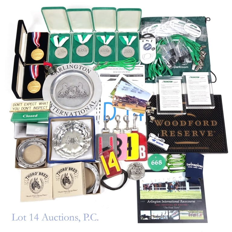 Arlington Racecourse Memorabilia Large Lot: This is a large lot of assorted memorabilia from Arlington International Racecourse. Among the treasures you will find 4 Arlington Park medallions on a neck ribbon all with presentation case *** 2