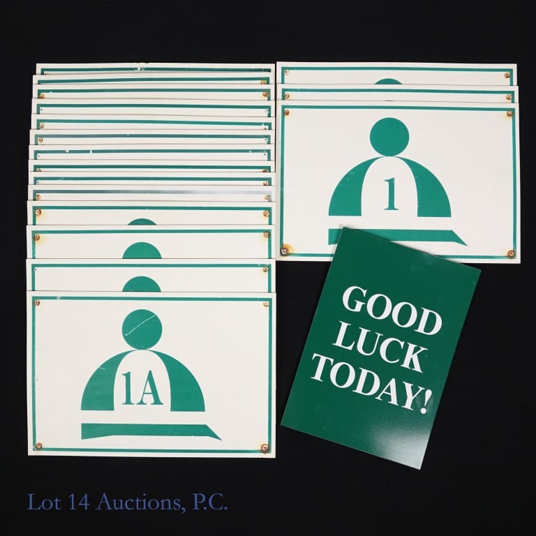 Arlington Racecourse Stable Or Barn Signs (18): A total of 18 signs from the former Arlington International Racecourse. 17 of the signs have a number that would correspond to the starting position of a horse. We do not know if these signs were