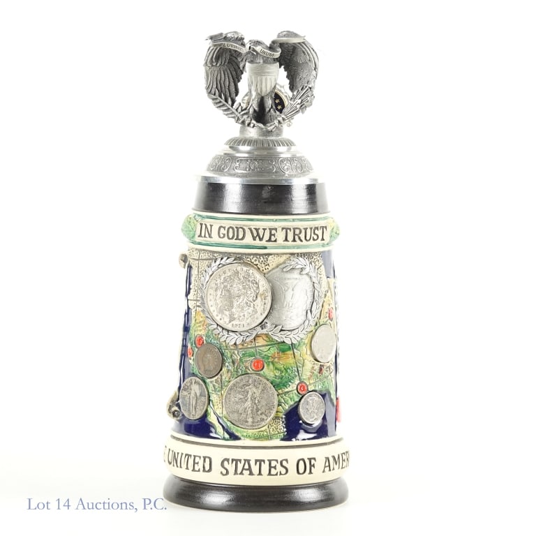 LE German Beer Stein With Silver US Coins: Bottom of this lidded stein is marked made in Germany Garantic limited edition 79 of 9000. The stein stands approximately 10-1/4 inches tall and has a diameter of about 4-1/8 inches at the bottom. The