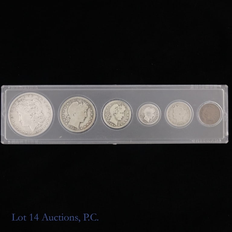 1904 (P) US 90%-Silver 6-Coin Year Set: 1904 (P) United States 90%-silver six-coin year set (Philadelphia Mint) in clear Whitman holder. Estimated ASW is 1.3 ozt. Details with PCGS survival estimates (SE) as follows: ---silver Morgan dollar