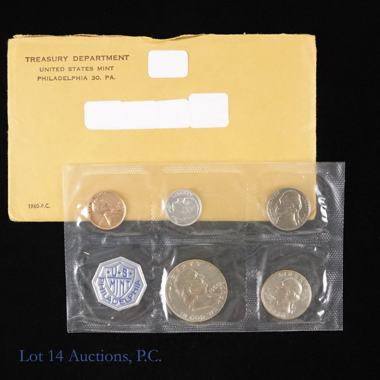 1960 US Silver 5-Coin Proof Set in OGP: 1960 (P) US 5-coin 90%-silver proof sets (Philadelphia Mint) in OGP with inspection notes. Half dollar, quarter, and dime's metal is 90% silver. *** Lot 14 Auctions is not a professional numismatic gr