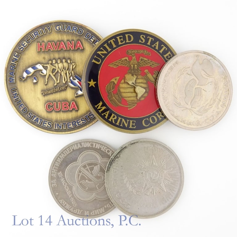 US Marine Challenge & Soviet Coins (5): Five (5) United States military challenge and Soviet Union coins as follows: ---United States Marine Corps - Marine security guard detachment MOSCOW; ---United States Interest Section, Marine security