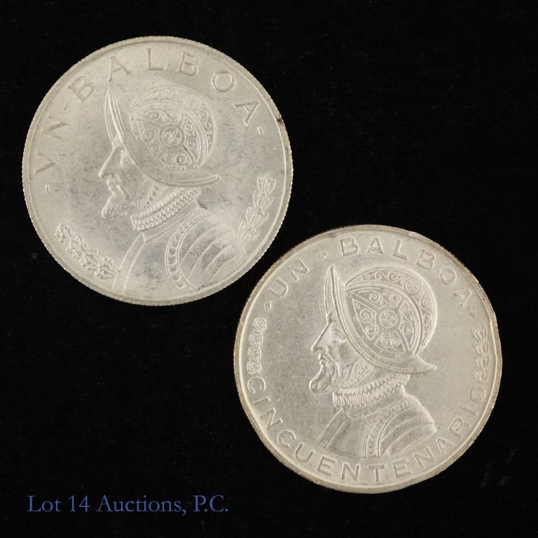 1953 & '66 Panama 90%-Silv 1 Balboa ASW 1.5 Oz, 2: 1953 and 1966 Republic of Panama silver un Balboa. Metal is 90% silver, weighs 26.73 grams, and diameter 38.1 mm. Silver content confirmed on Lot 14 Auctions electronic metal verifier. Lot's estimated