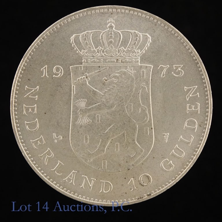 1973 Netherlands 72%-Silver 10 Gulden (GEM BU): 1973 Netherlands silver 10 gulden (Royal Dutch Mint), commemorates 25th anniversary of Queen Juliana's reign. Engraver: Katinka Bruyn-van Rood. Edge lettering translation: "God be with us". Per consig