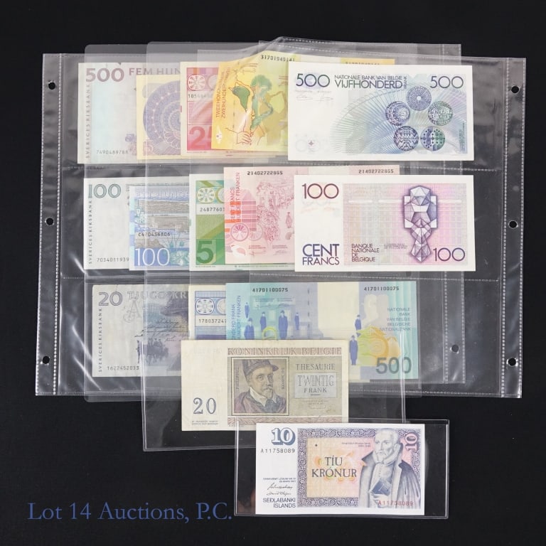 Various Belgium, Netherlands, Sweden Notes (15): Fifteen (15) various European currencies as follows: ---Belgium notes: --20 francs, --100 francs (2), --200 francs, --500 francs (2) (subtotal 6 / 1420 francs); ---(1983) Icelandic 10 kronur;