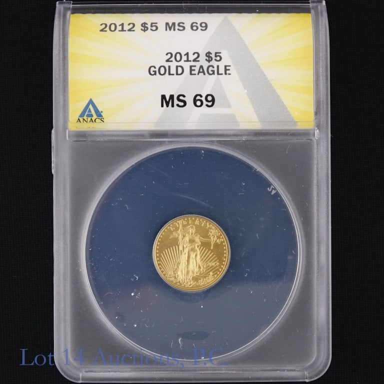 2012 (P) US $5 Gold Eagle Bullion (ANACS MS 69): 2012 (P) United States 91.67% $5 gold eagle 1/10 oz. Designer (obverse) Augustus Saint-Gaudens and (reverse) Miley Busiek and Jennie Norris. ANACS graded MS 69. Metal is 91.67% gold and weighs 3.393