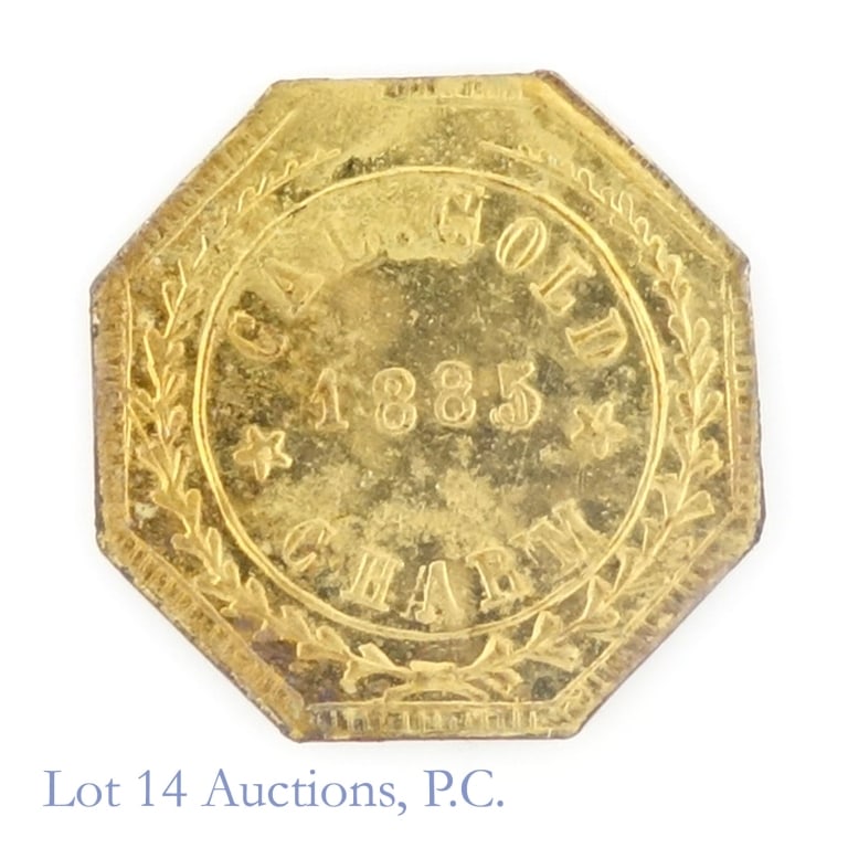 1885 Octagonal California Gold 1/2 $1 Charm: 1885 octagonal 50 cent California gold charm. Reverse: date in wreath and obverse arms of California. Per consigner, in proof like condition. This variety rarely comes with p/l surfaces. Provenance: