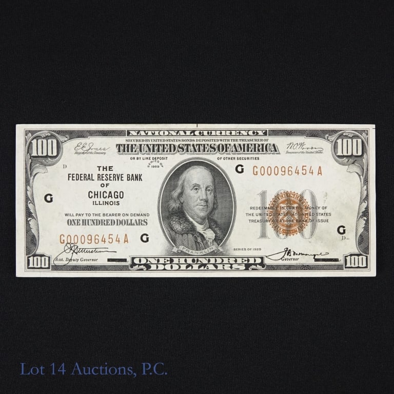 1929 US $100 Federal Reserve Bank Note - Brown CU: (F-1890G) series 1929 United States $100 Federal Reserve bank note - brown seal. S/N G-00096454-A Printed 384,000. Per consigner, in CU condition retains original crispness, well centered, no