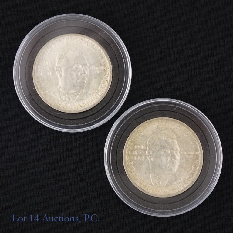 1946-S US 90%-Silver B. T. Washington 50c, 2: Two (2) 1946-S United States silver Booker T. Washington commemorative half dollars (San Francisco Mint). Metal 90% silver (ASW 0.36169 ozt each). Honors the renowned author and presidential advisor.