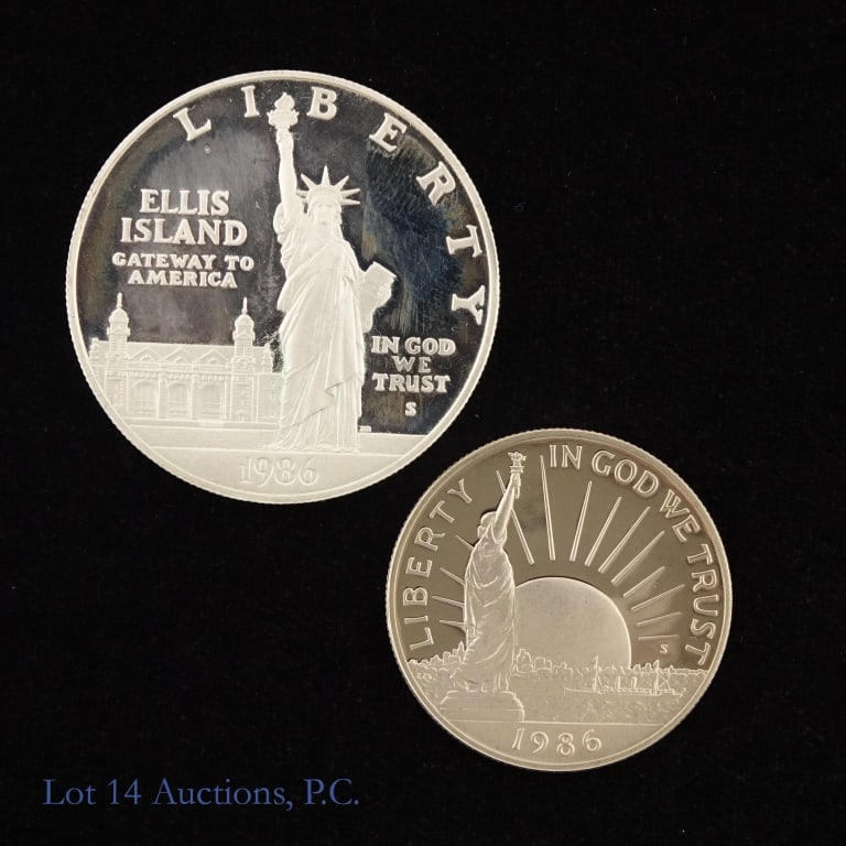 1986-S US Silver Proof Liberty Comm. 2-Coin Set: 1986-S United States silver and clad proof statue of liberty commemorative 2-coin set (San Francisco Mint) in OGP. Dollar metal is 90% silver (ASW 0.77234 ozt.). Set includes: ---silver proof dollar; 
