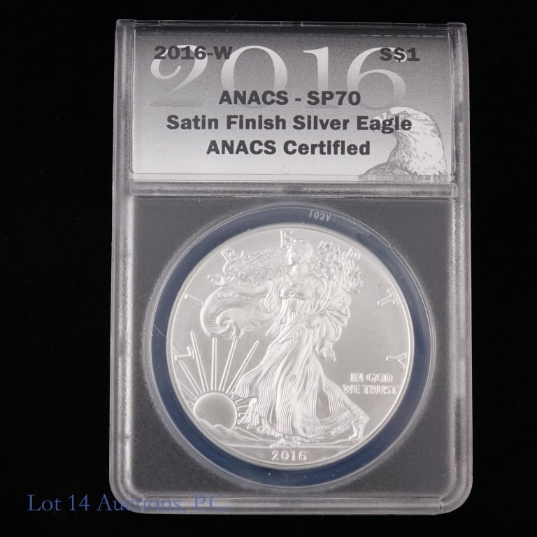 2020 American Silver Eagle $1 Bullion (ANACS MS70): 2020 American silver eagle dollar bullion coin. ANACS graded MS70 FDOI in display case with First Commemorative Mint COA. Metal is 99.9% silver and weighs one troy ounce. Designers: obverse Adolph