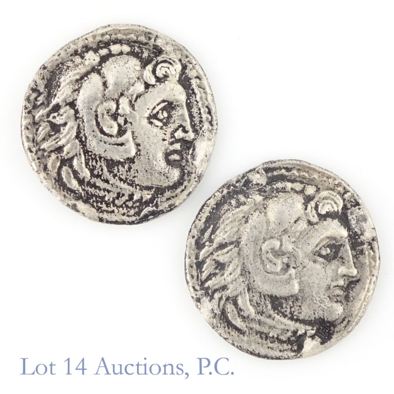 (336 BCE) Greece ATG Silver Drachms (2): Two (2) (336 to 323 BCE) ancient Greek Alexander the Great (ATG) silver drachm coins. Reverse Zeus seated on throne holding eagle. Coins weigh and diameter measurements as follows: ---2.58 grams,