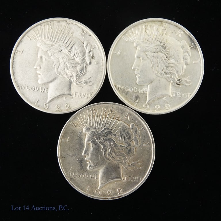 1922 P & D US 90%-Silver Peace Dollars, 3: Three (3) 1922 P and D United States 90%-silver peace dollars (Philadelphia, Denver Mints). Silver content confirmed on Lot 14 Auctions electronic metal verifier. *** Lot 14 Auctions is not a professi