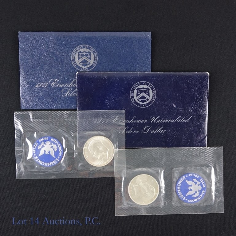 1971s & 1973s US 40%-Silver Proof IKE $1OGP, 2: 1971-S and 1973-S United States 40%-silver uncirculated Eisenhower dollars (San Francisco Mint) in blue OGP. (ASW 0.632 ozt.) ***Lot 14 Auctions is not a professional numismatic grading agency. Consig