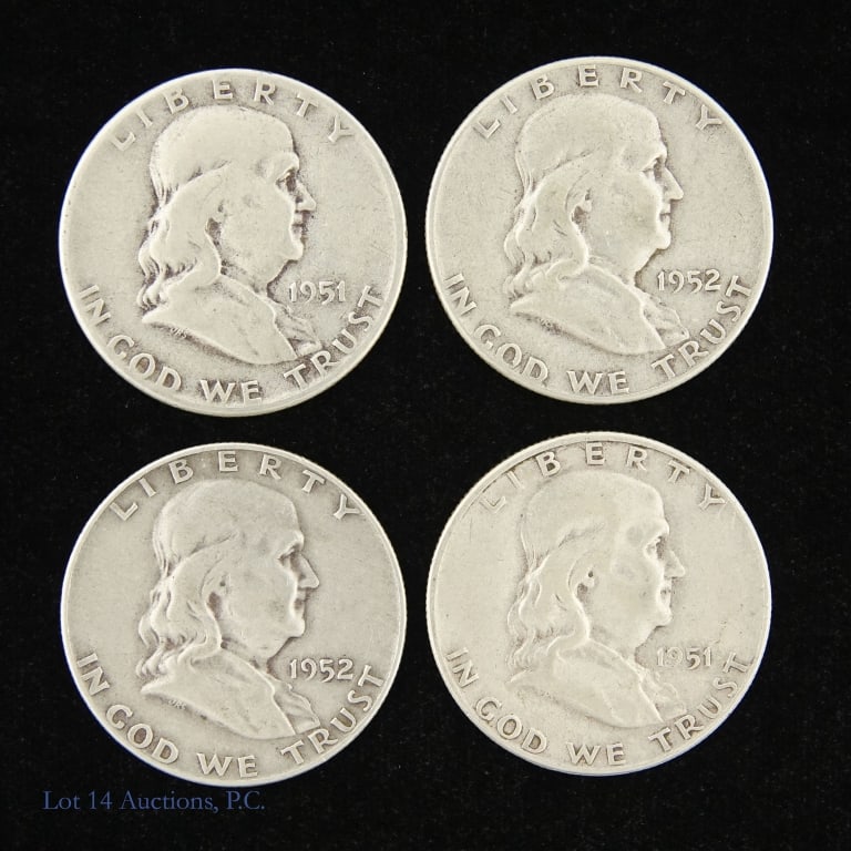 1951-1952 US Silver Franklin 50c (ASW 1.4 Ozt), 4: Four (4) United States 90%-silver Franklin half dollars (Philadelphia, Denver, San Francisco Mints) as follows: ---1951 (P), ---1951-S, ---1952 (P) and ---1952-D. Estimated ASW 1.4 troy ounces. *** Lo