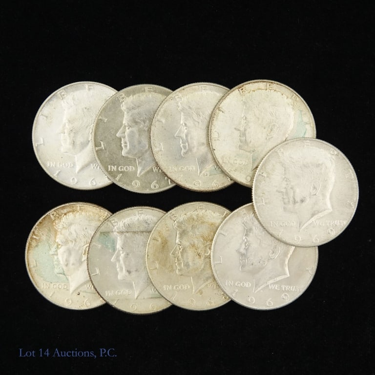 1965-'70 US 40%-Silver Kennedy 50c ASW 1.3 Oz), 9: Nine (9) 1965 - 1970 United States 40%-silver Kennedy half dollars. Estimated ASW 1.3 troy ounces. Per consigner, several in CH BU condition. *** Lot 14 Auctions is not a professional numismatic