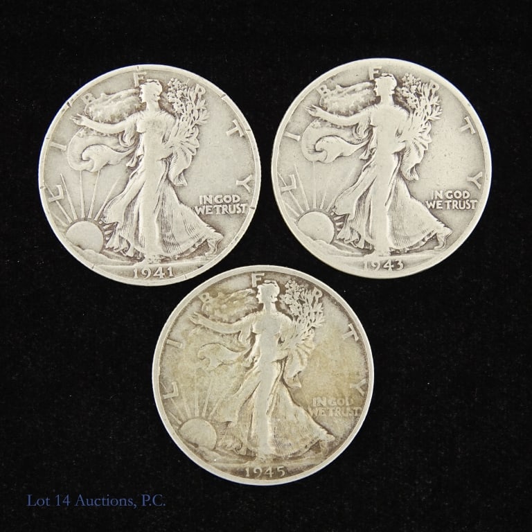 1941s, '43s '45s Silver W/L 50c (ASW 1.0 Ozt), 3: Three (3) United States 90%-silver walking liberty half dollars (San Francisco Mint) as follows: ---1941-S, 1953-S, ---1945-S. Estimated ASW 1.0 troy ounces. *** Lot 14 Auctions is not a professional 