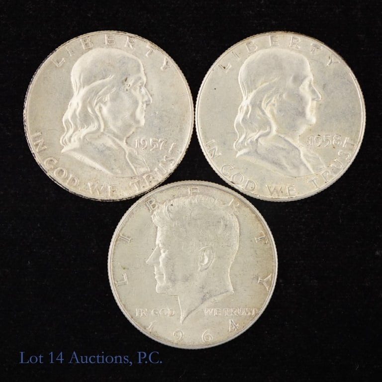 1957, 1958 & 1964 US 90% Silver 50c, 3: Three (3) United States 90%-silver half dollars (Philadelphia Mint) as follows: ---1957 Franklin 50c; ---1958 Franklin 50c; and ---1964 Kennedy 50c. ASW +1 ozt. *** Lot 14 Auctions is not a profession