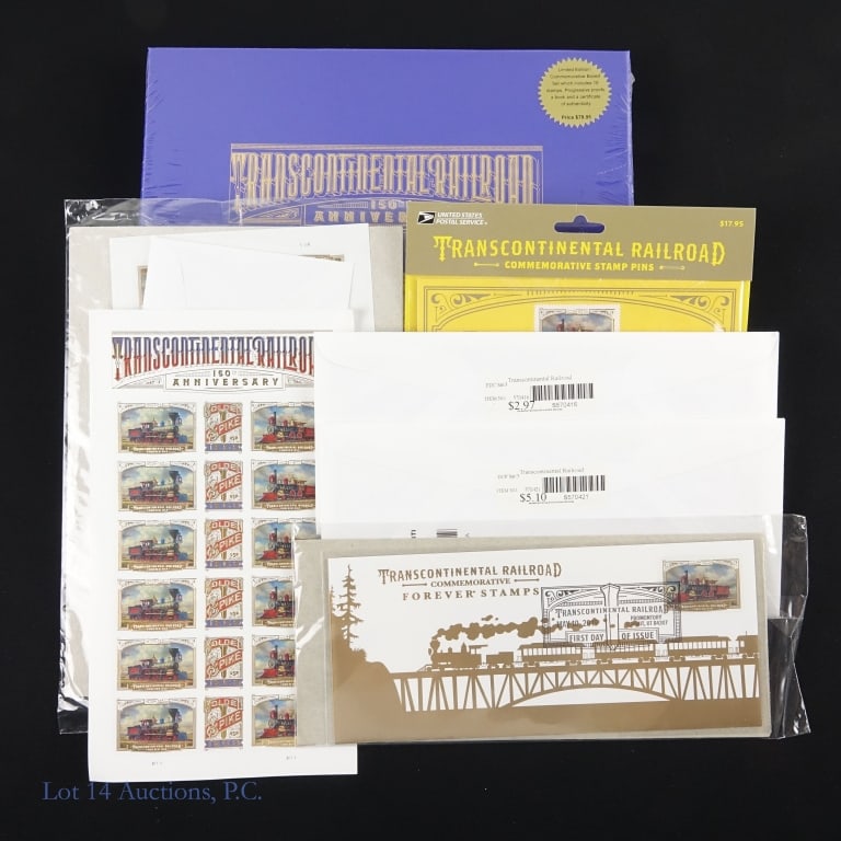 2019 USPO Transcont. Railroad Stamps (FV +$130): Seven (7) USPO Transcontinental Railroad philatelic items (approximate face value more than +$130 as follows: ---2019 Transcontinental com boxed set includes 18 stamps, prog proofs, a book, and COA