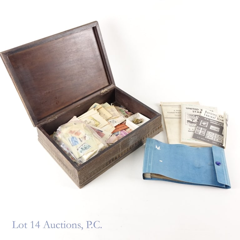 US & World Mint & Used Postage Stamps: Various United States and world stamps in mint blocks and loose new and used condition. Includes three H. E. Harris stamp guides from 1937 to 1959 in old wood box which measures 14" x 10" x 3.5" and w