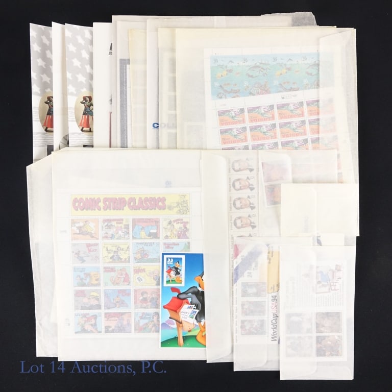 US Unused Postage Stamp Blocks (+15): More than fifteen (+15) various United States blocks of unused postage stamps and related item as follows: ---Elvis Presley 29c 2-stamp block; ---Richard Nixon 32c 20-stamp block; ---Daffy Duck 33c st
