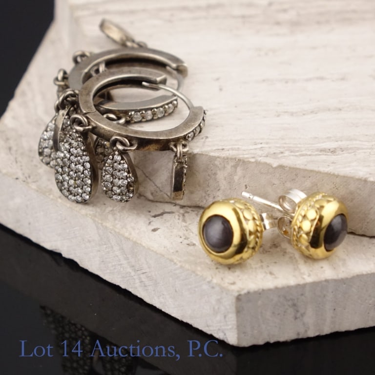 Sterling Silver Earrings (2 Pr - 1 w/ Diamonds): Two (2) pairs of earrings for pierced ears. One pair is marked "Sheryl Lowe 925". Each piece has 5 dangling tear drops with small diamonds. Total weight for this pair: 6.25 grams. ***** Stud earrings 